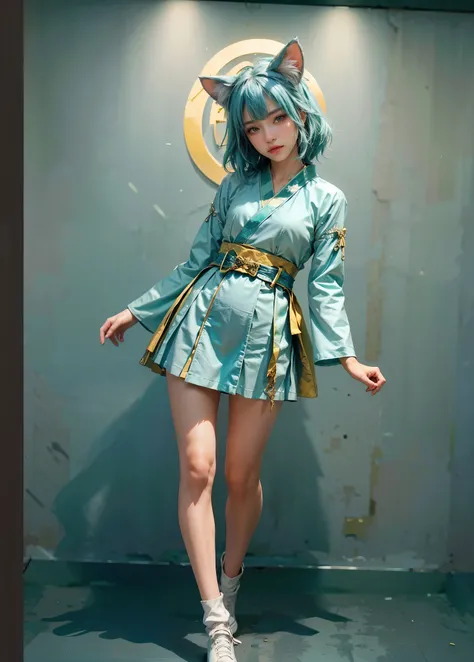 1girl, ^^^, animal_ears, blush, cat_ears, dress, fang, turquoise_eyes, ((aqua color_hair)), looking_at_viewer, (delicate eyes and face), green top with long sleeves, yellow belt with a cat-head gold buckle, , long_sleeves, green skirt, (((hanfu style))), c...