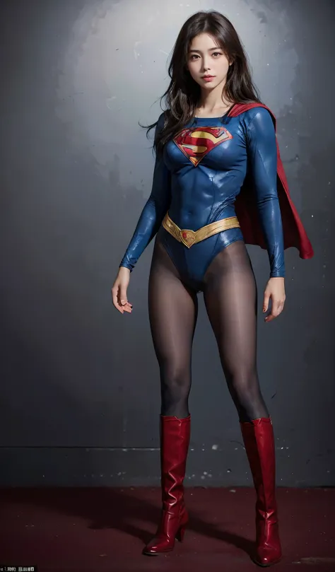 No background、(((Beautiful legs in black tights.)))、(((Legally express the beauty of your smile)))、((((Make the most of your original images)))、(((Body-hugging Supergirl costume)))、(((Supergirl Costume)))、(((Beautiful short hair)))、(((She is winking cutely...