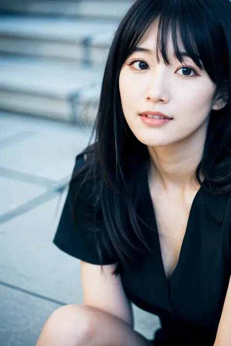 a close up of a woman with long black hair and a black dress, sui ishida with black hair, she has black hair with bangs, chiho, kimi takemura, kotegawa yui, shikamimi, harumi, chiho ashima, by Torii Kiyomoto, shiori teshirogi, shinsui ito