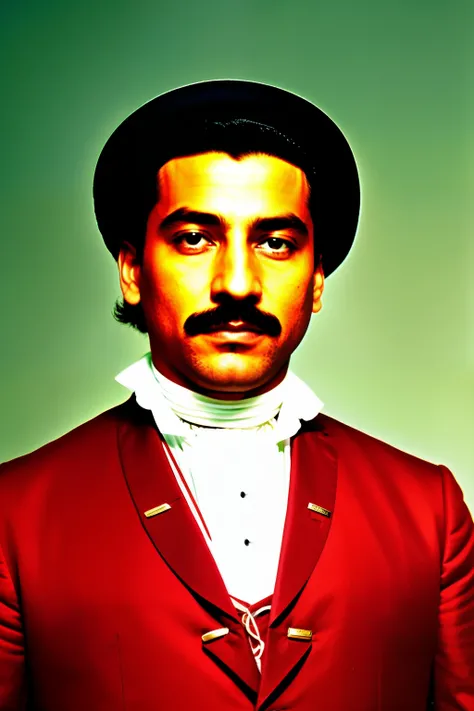 Mexican Man, Age 35, Clean-Shaven with no Beard, Dressed in 18th Century Red Attire. Absence of Facial Hair, ((sin bigotes)), ((sin barba)), Clothing in Elegant Red Hues, ((vestimenta del siglo XVIII, en colores rojos)), Luz: Uniform illumination, Fondo: P...