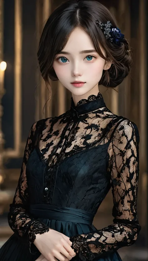 Digital Portrait、Realistic depiction of the human body、RAW Photos、One Girl、Gentle grey eyes、Fuller lips、Malaise、Small breasts、Shortcuts、(((Elegant black lace-line dress、A black line dress made of intricate and artistic lace、Beautiful dress、Super Luxury Dre...