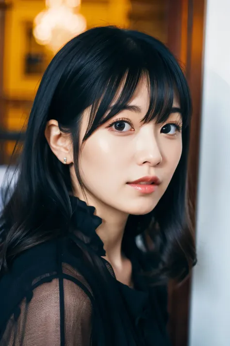 a close up of a woman with long black hair and a black dress, sui ishida with black hair, she has black hair with bangs, chiho, kimi takemura, kotegawa yui, shikamimi, harumi, chiho ashima, by Torii Kiyomoto, shiori teshirogi, shinsui ito