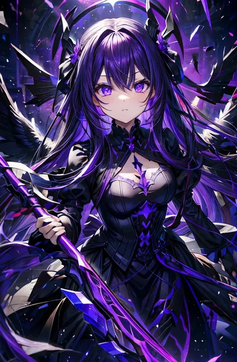 fallen angel、purple color、semi-long hair、i have death scythe、、black dress