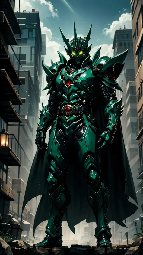 A man wearing a full-face helmet, a fantasy-style biotech armored combat suit, green eyes, (a composite layered chest armor), fully enclosed shoulder guards, matching arm and leg guards, the belt is adorned with fangs biting into gemstone, (the color schem...