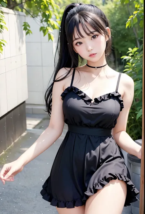 masterpiece, High resolution, Realistic, Black Hair, Asian Girl, p○nytail, hair ribb○n,((the face of a very young child:1.4)).○, 1girl wearing a pink id○l dress (((A black sparkling idol dress that reveals beautiful thighs:1.2)))、(Wearing a flipped up, too...