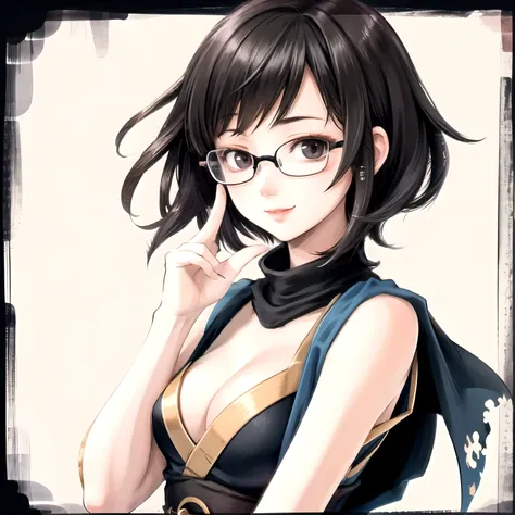 ((best quality)), ((masterpiece)), (detailed), perfect face. Asian girl. Smile. Black hair. Short hair. Black eyes. Glasses. Ninja. Small breast. 