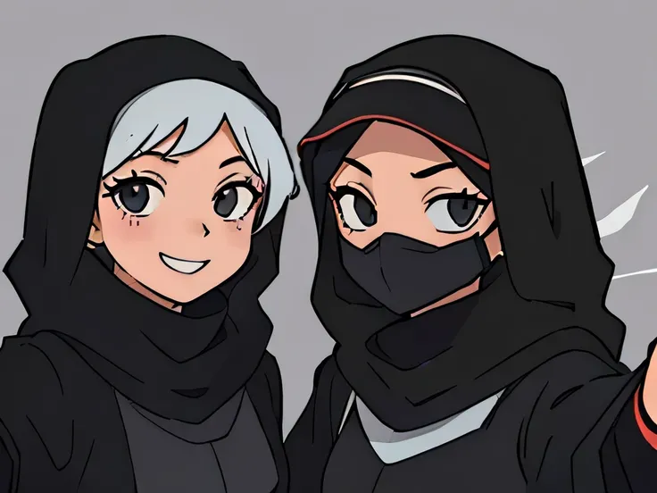 perfect anime illustration , selfie angle of two girls wearing a black niqab hijab, black outfit and masks standing together, smiling, taking selfie angle
