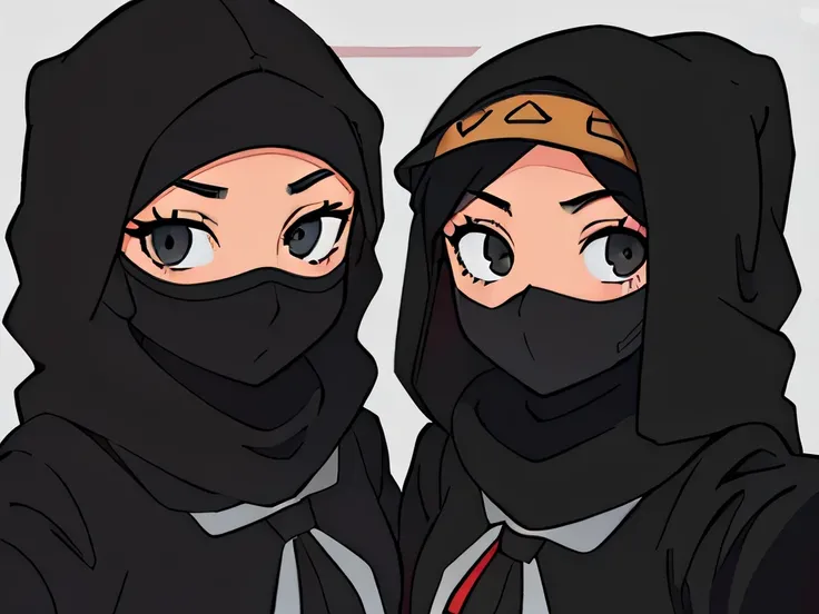 perfect anime illustration , selfie angle of two girls wearing a black niqab hijab, black outfit and masks standing together, smiling, taking selfie angle
