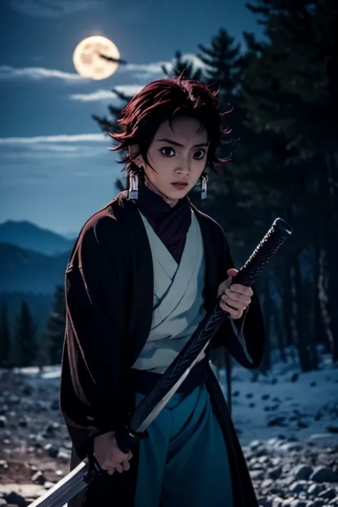 anime character holding a sword in front of a full moon, demon slayer、tanjiro kamado