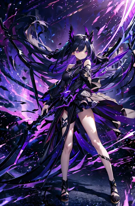 fallen angel、purple color、semi-long hair,(action: death scythe ready)、black dress、full body