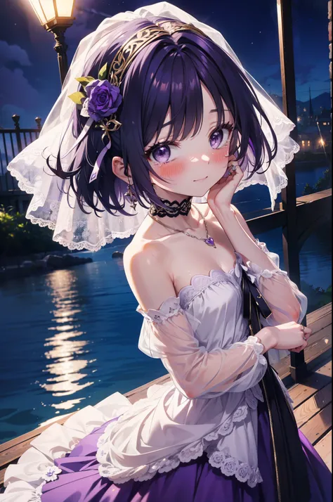 yuukikonno, Yuki Konno,Black Hair,short hair,Bob Hair ,Green headband,(Purple eyes:1.5), (Small breasts:1.2), smile,Purple Dress,Purple long skirt,purple stiletto heels,No sleeve,Expose your shoulders,Bare arms,Bare neck,bare clavicle,Wearing a wedding rin...