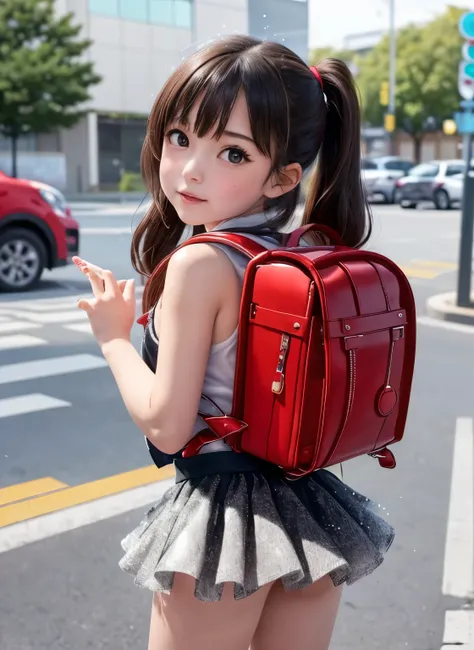 masterpiece, High resolution, Realistic, Black Hair, Asian Girl, p○nytail, hair ribb○n,((the face of a very young child:1.1)).○, 1girl wearing a pink id○l dress (((Beautiful thighsが露出したSparklingアイドルドレス:1.2)))、(Wearing a flipped up, too short mini frill ski...