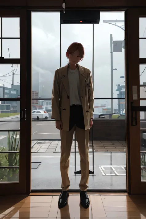 The female is tying her long hair and looking at the window with a gloomy expression., The man is behind the female and looking at her with a worried expression., The background is the scenery outside the window in cloudy weather, high resolution, (female:...