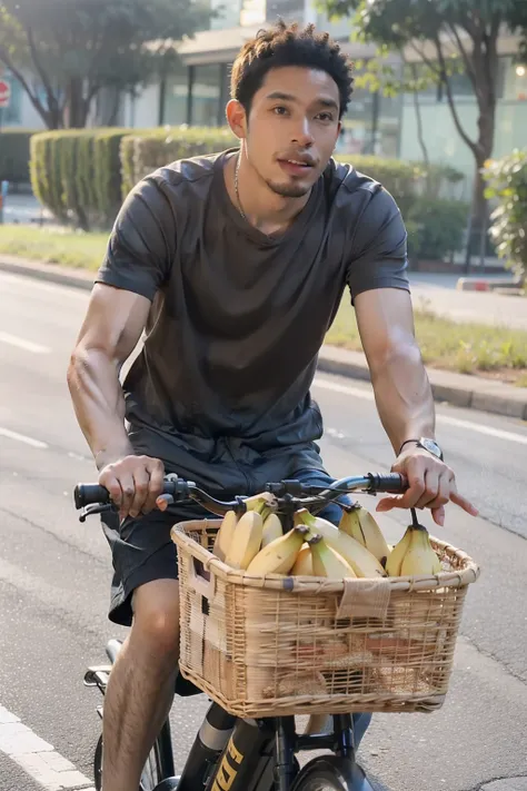 A black man is riding a bicycle with a lot of bananas on the road