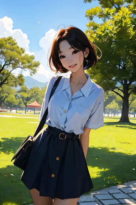 The female is wearing a bright dress and smiling brightly., The man is holding the hand of the woman and running together., The background is a park with bright sunshine, high resolution, (female:1.5), (man:1.5), (happy mood:1.3), (park:1.2), (bright sunsh...