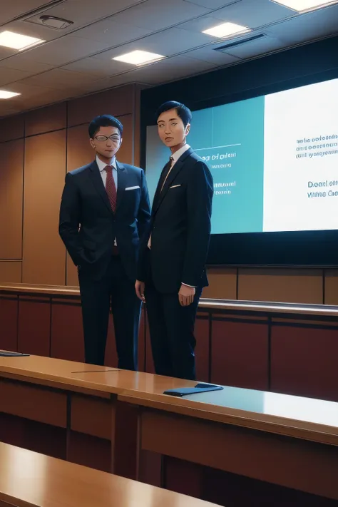 asian，business people wearing suits，presenting in front of the projection screen in a modern high-end conference room，