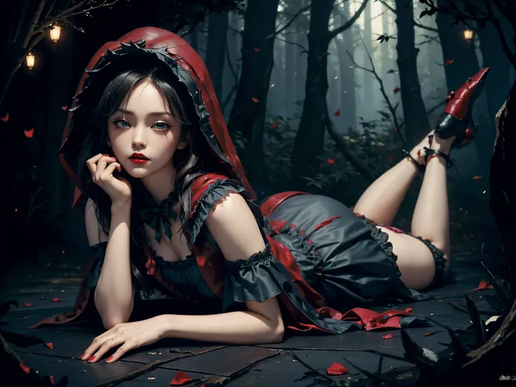 gothic punk、(((little red riding hood)))、gypsy、crystal jade、skirt、high heels、garter belt、beautiful feet、beautiful legs、lying dow...