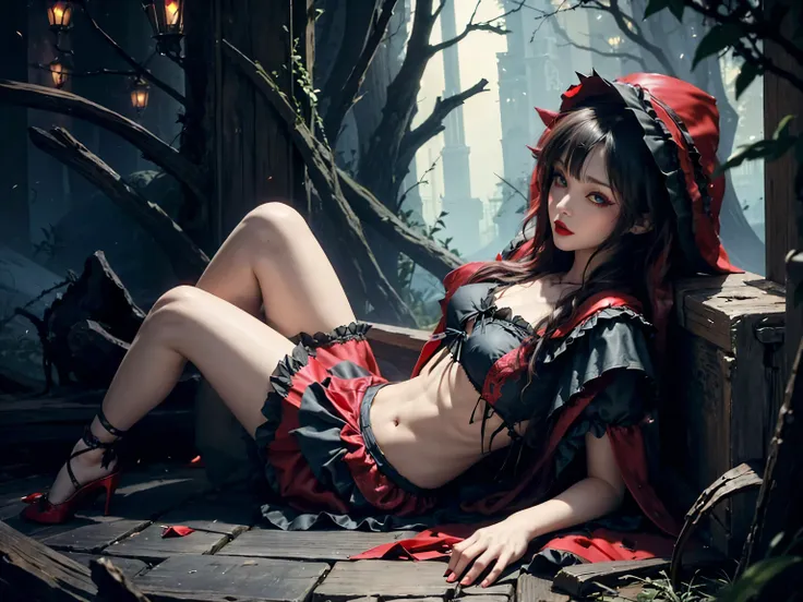 gothic punk、(((little red riding hood)))、gypsy、crystal jade、skirt、high heels、garter belt、beautiful feet、beautiful legs、lying dow...