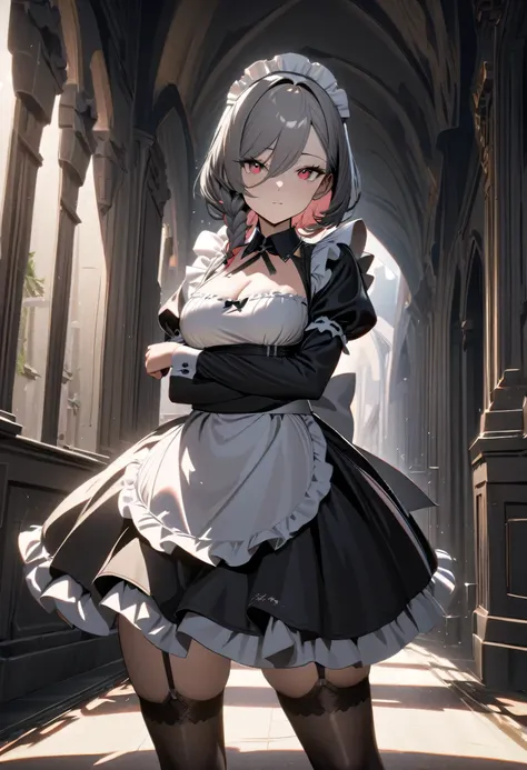 1 girl, ((girl is curvy and slim, beautiful and short)), ((long gray hair))((braided)), ((light red eyes)), ((girl wear maid out...