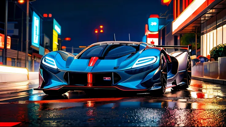 masterpiece, best quality, intricate detail, a concept car racing through a neon-lit city, leaving a trail of light in its wake, raytracing, high reflection detail, ambient occlusion, bloom, debris,