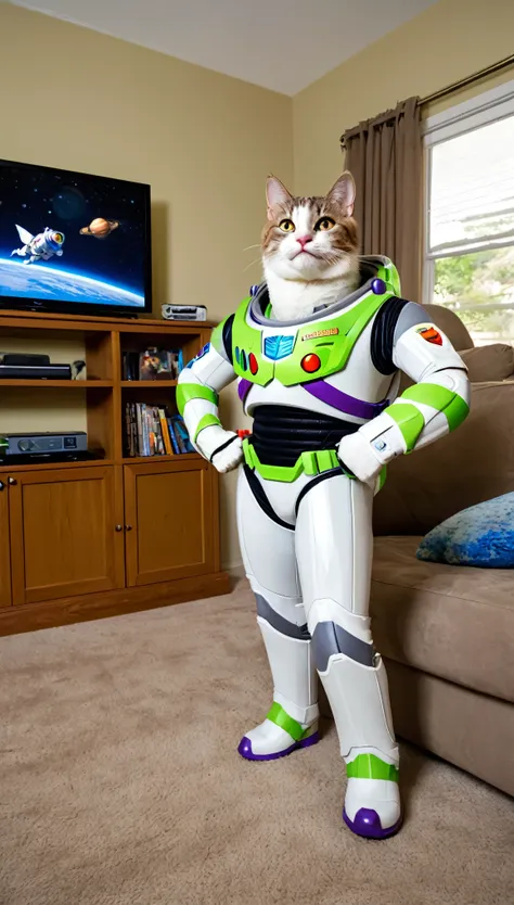 buzz lightyear, interstellar commander, decided today to embark on a space adventure at home. he put on a spacesuit, held a lase...