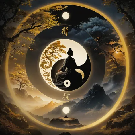 in style of acrylic painting，Tai Chi Yin Yang Bagua Diagram，magic circle，best quality,4k,8k,highres,masterpiece:1.2,ultra-detailed,realistic,acrylic style,tai chi, yin yang, eight trigrams,3d rendering，female Taoist priest practicing yoga，Light and shadow ...