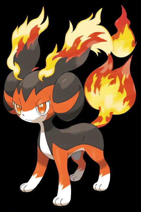 sugimori ken (style), pokemon (creature), pokemon, masterpiece, high quality, best quality, high-definition, ultra-detailed, black background, Flarit is a small, quadrupedal Pokémon with a fiery tuft on its head and tiny, curved horns. Its body is covered ...