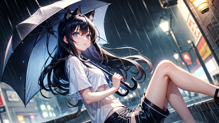 Anime cat girl, beautiful, blue eyes, black hair, street, evening, raining, holding an umbrella, blue shorts, white tshirt