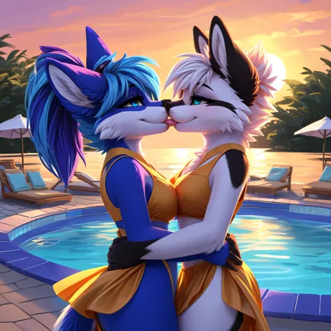 Summer pool party,huge part, party light, drink bar, driks in hands, dancing,at sunset, anthropomorphic females, cute females, fursonas, furry art,(sfw) safe for work, female furry mini cute style,furry, naughty face, smug, tounge out, winking eye, kissing...