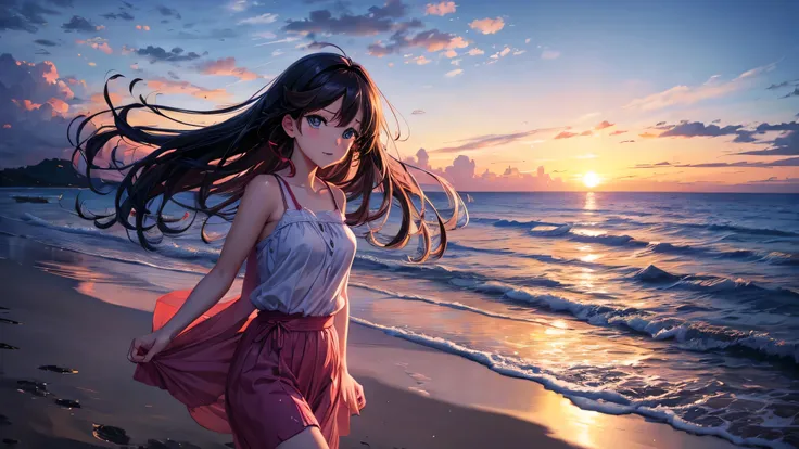 HuTao anime girl, beach, evening, beautiful