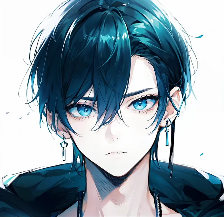 high resolution、high quality、Blue-black hair、Turquoise eyes、hoodie、male