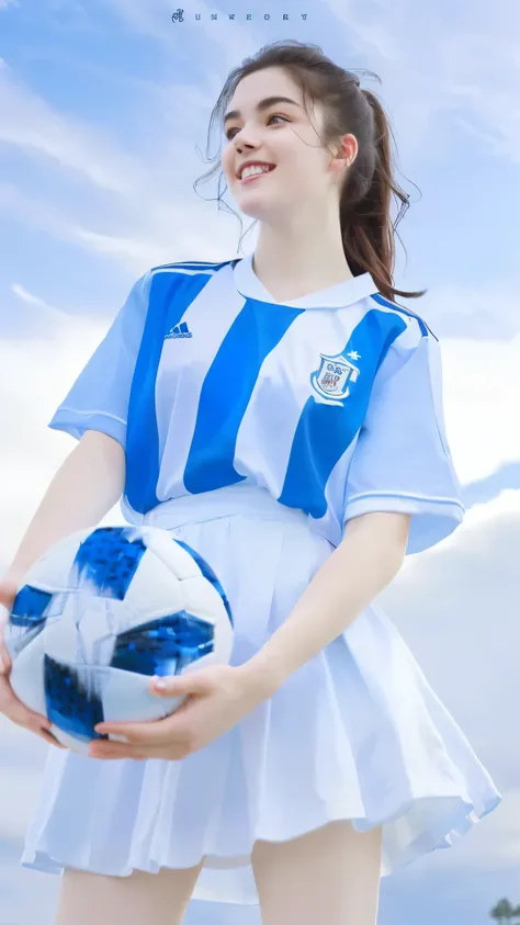 Close-up of a woman holding a football in a field, Wearing school football uniform, 🚿🗝📝, white and blue, blue and white, blue! and white, 😃😀😄☺🙃😉😗, 🐝👗👾, User Photos, blue uniform, light blues, 🔞🤡, blue white colors