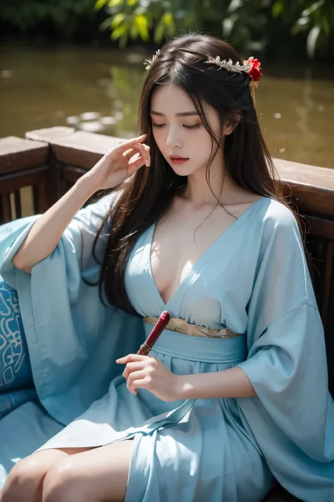 (goddess-like sorrowful:1.2), Ancient Chinese Style, dim light, Dark red liquid splattered everywhere, 1girl, Lying in a pool of blood, She had her eyes closed, A Chinese sword, commit suicide, slit the throat, crying, be full of tears, long hair, messy ha...