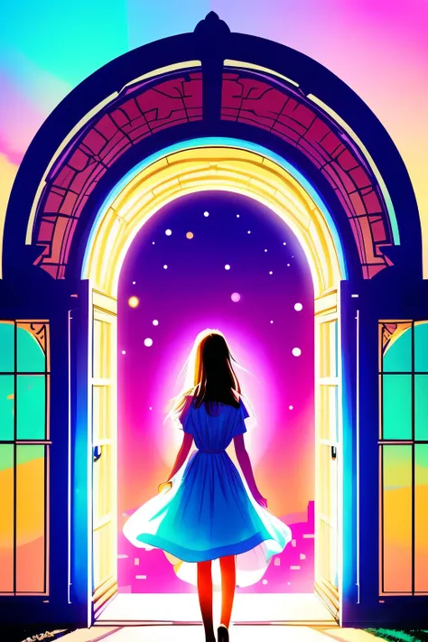 comic book style,girl in front of the arched gate,luminous design, pastel colours, summer lights