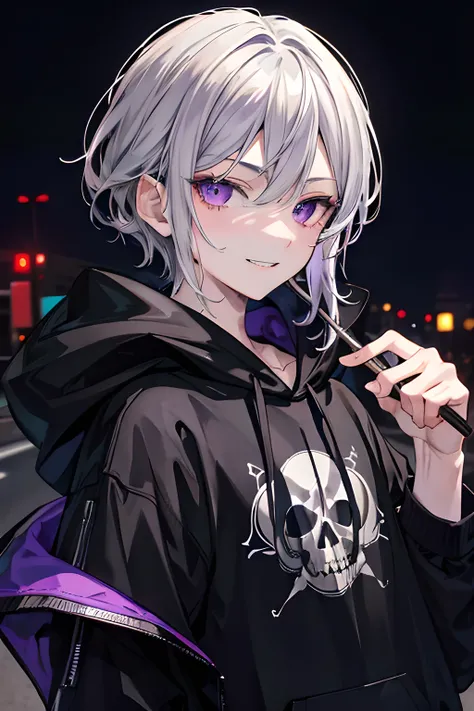 Masterpiece, best quality, High quality, very detailed, 1 boy, Gray hair and purple eyes, Black hoodie with skull pattern, road, nighttime, candy, You bastard!, evil smile, Portrait, stalwart