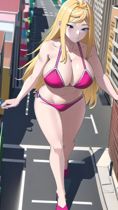 pink bikini,gigantic breasts,city,view from above,walk around city