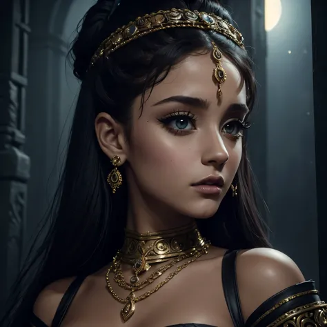 a beautiful woman, ariana grande, jabbas slave, chain on neck, detailed face, detailed eyes, detailed lips, beautiful detailed facial features, long eyelashes, intricate jewelry, ornate costume, dynamic pose, dramatic lighting, cinematic composition, dark ...