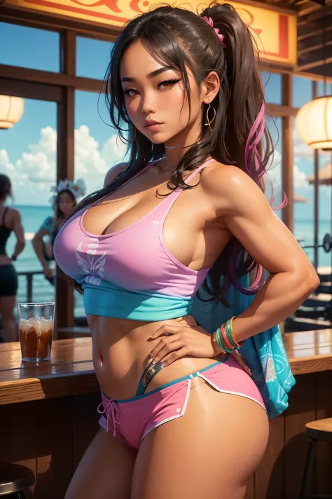 (Sexy tanned Polynesian|Asian woman, 1girl:1.2, thicc hourglass figure, perfect eyeliner:1.2), (masterpiece:1.4, best quality), medium breasts, unity 8k wallpaper, ultra detailed, (pastel colors, in tiki bar, wearing gym shorts and colorful tank top:1.3), ...