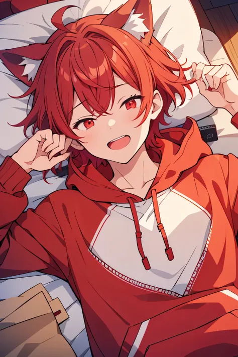 A high school boy with red hair, wolf ears and a red hoodie is fainting while having a happy dream.