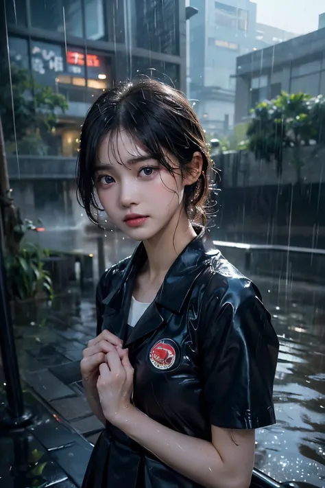 (Leica 10772 M-P, 85mm macro lens, F/8 aperture, film still), (RAW shooting, Photoreal:1.5, 8K, highest quality, masterpiece, ultra high resolution), (((Typhoon heavy rain))), raining, Highly detailed skin and facial textures:1.2, Japanese girl, 18 years o...