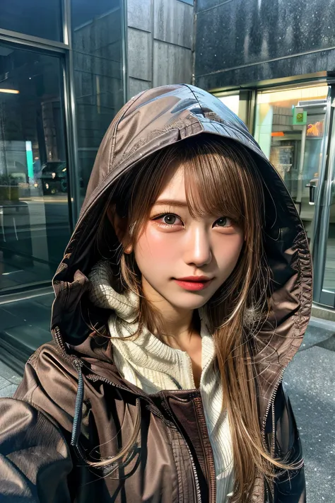 highest quality, tabletop, 超a high resolution, (realistic:1.4), raw photos, one girl, hooded jacket, in the dark, deep shadow, l...