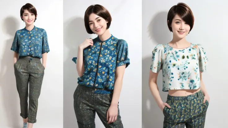 230 (18-year-old female,Floral clothes),  ((short hair:1.46)),  (Pants Style), (A kind smile)