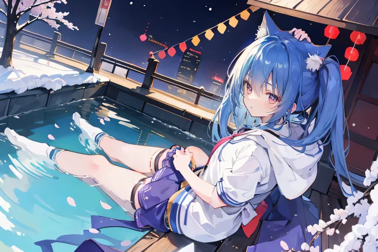 （masterpiece：1.2），Super detailed，lifelike，Expressive eyes，fair skin，perfect face shape，1 girl，
Japanese comics,Gorgeous blue hair,flowing blue hair,flowing clothes,Cat ears,Petals fall,beautiful lola,Baby Angel,
Shaking head with one hand，Cross your legs，G...