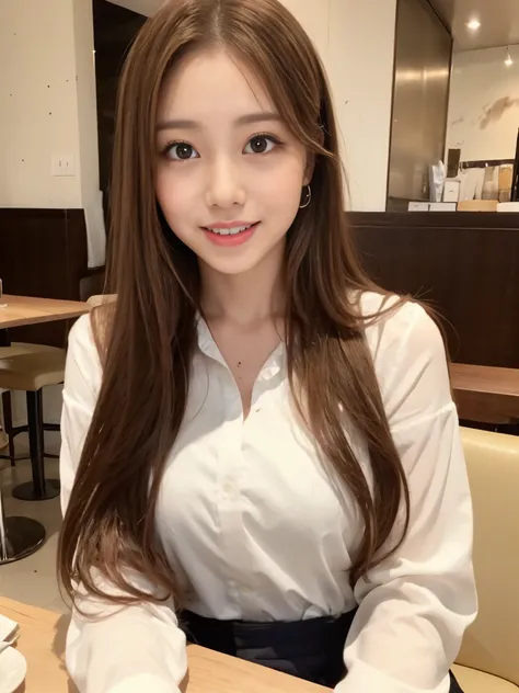 A beautiful Japanese shy girl, long brown hair, brown big eyes, shiny lip, shiny hair, ecstatic expression, in cafe, she is sitting sofa, lanch on the table, The background is very blurry, wearing white blouse, 