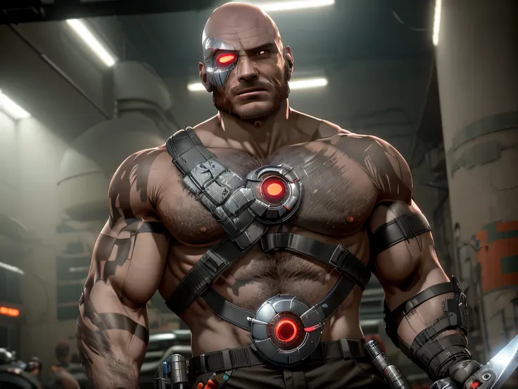 (kano), 1man , solo, cyborg, (right metal cybernetic eye), shirtless, bald, (reactor on the chest), hairy chest, tatoo on the le...