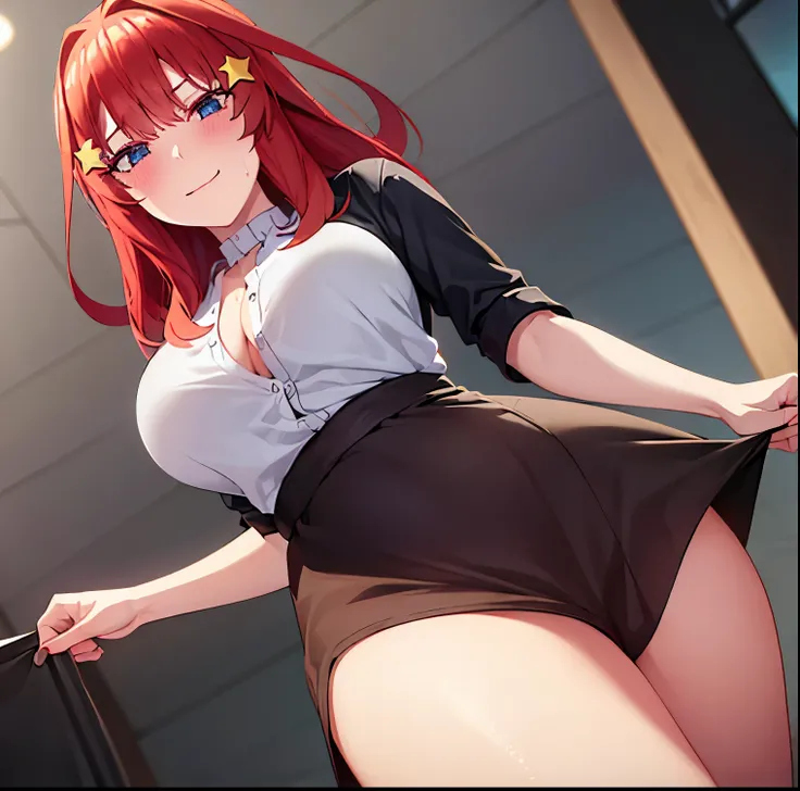 1 girl, solo, itsuki nakano, detailed background, aged, mature woman, star hair ornament, medium hair, red hair, choke, bangs, hair amazing eyes, blue eyes, milf, sexy body, bottom, white shirt, high neck, short sleeves, open shirt, black bra, black thong,...