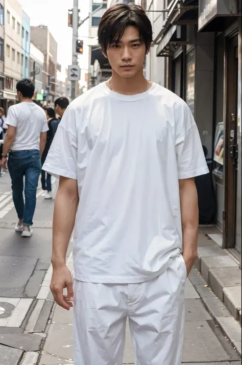 Japanese male model, wearing a white loose cotton T-shirt, posing in front of the camera on a commercial street in the city. He is very trendy and fashionable, and the overall look looks loose and lazy.