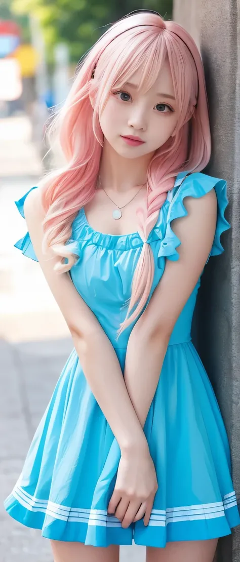 Sporty idol girl、whole body、Good style、、、、、、、、Cute blue ruffled mini dress、、Pink Blonde Hair、、、