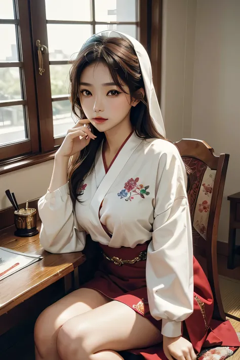 (masterpiece), (best quality), 8k resolution, 1girl, Asian girl, stunning beauty, perfect face, mature female, 20yo, sexy, sunny, window, Japan style room, sitting on the chair, Arabian clothes