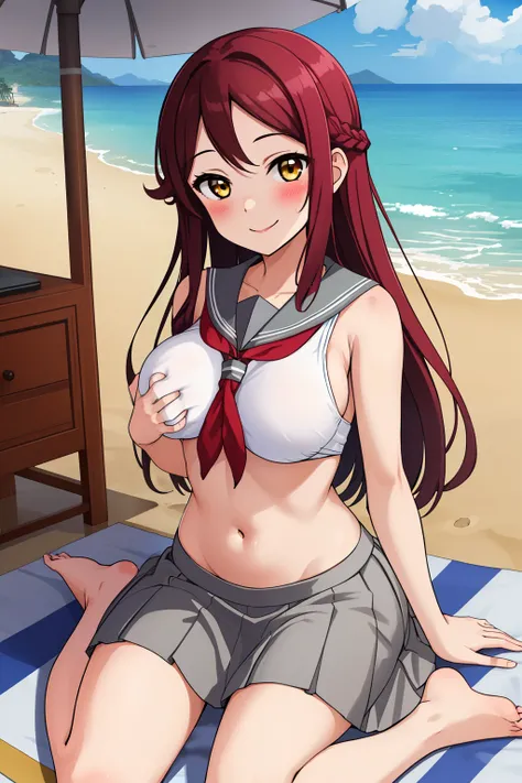 Masterpiece, best quality,solo,Sakurauchi riko, long hair, blush, smile, skirt, sitting, sleeveless, pleated skirt, sitting,wariza, barefoot, serafuku, grey skirt,  uranohoshi ,navel,beach,skin tight,big breasts , grabbing her breast